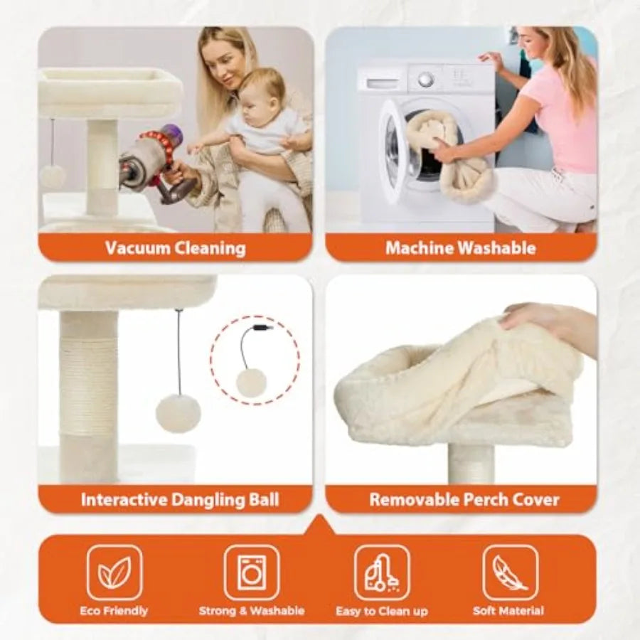 Small Cat Tree for Indoor Cats 32'' Cute Cat Tower Cat Condo with Sisal Scratching Ramp Cozy Hammock and Removable Top Bed Perc