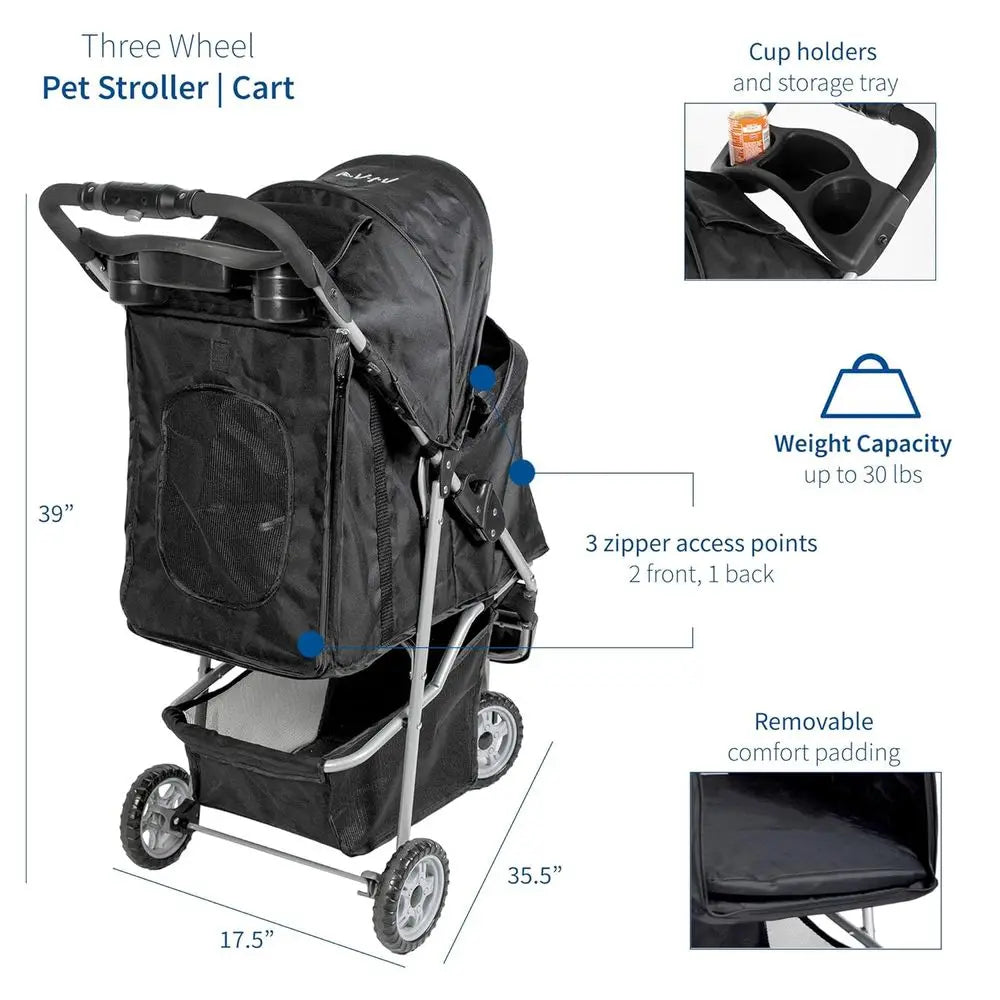 3-Wheel Pet Stroller for Cats, Dogs, and More, Foldable Carrier Strolling Cart