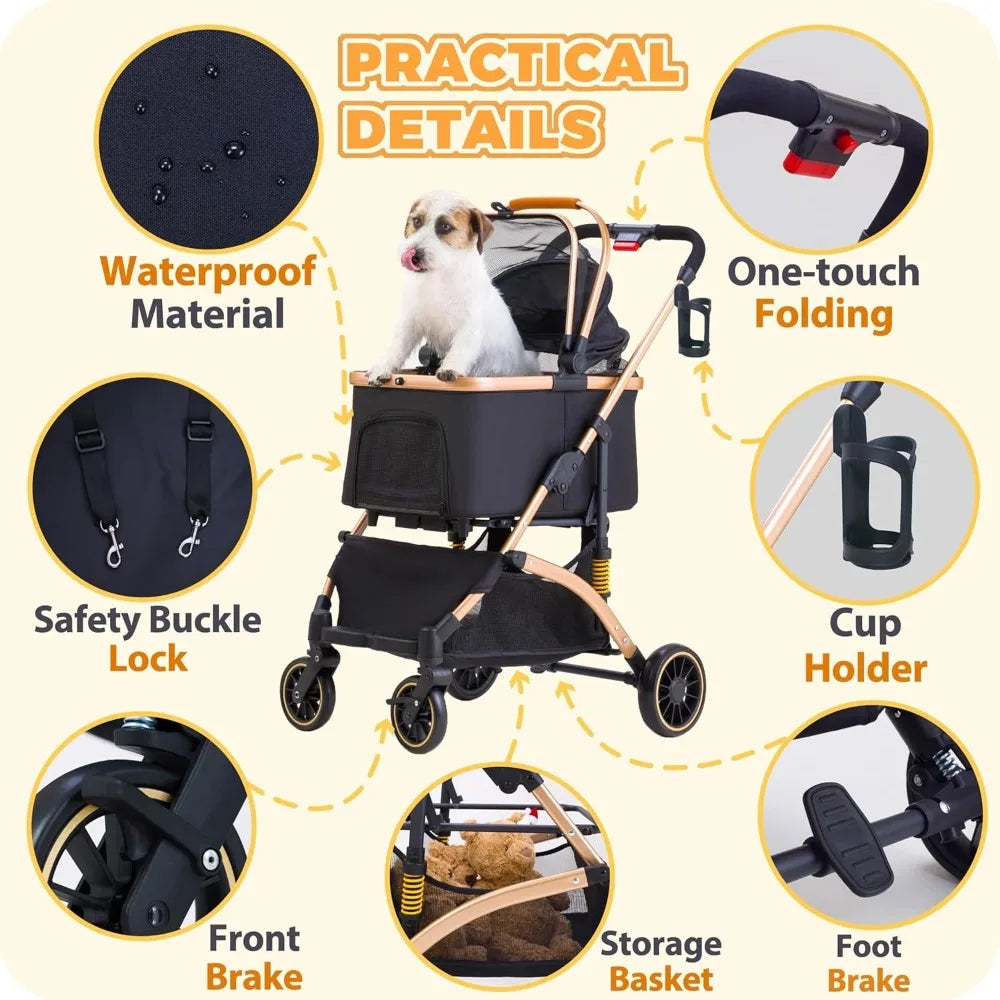 Stroller for Small Dogs, Lightweight Small Dog Stroller for Dogs Cats with 6 Shock Absorption System, Detachable Carrier Sui