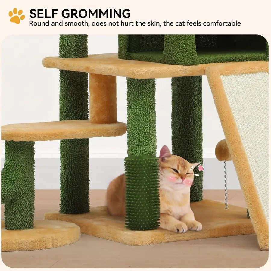 Tall Cactus Cat Tree Tower with SelfGrooming Brush, 60in Cute Cat Climbing Tower for Indoor Cats with Cat Condo, Top Perch, Bask