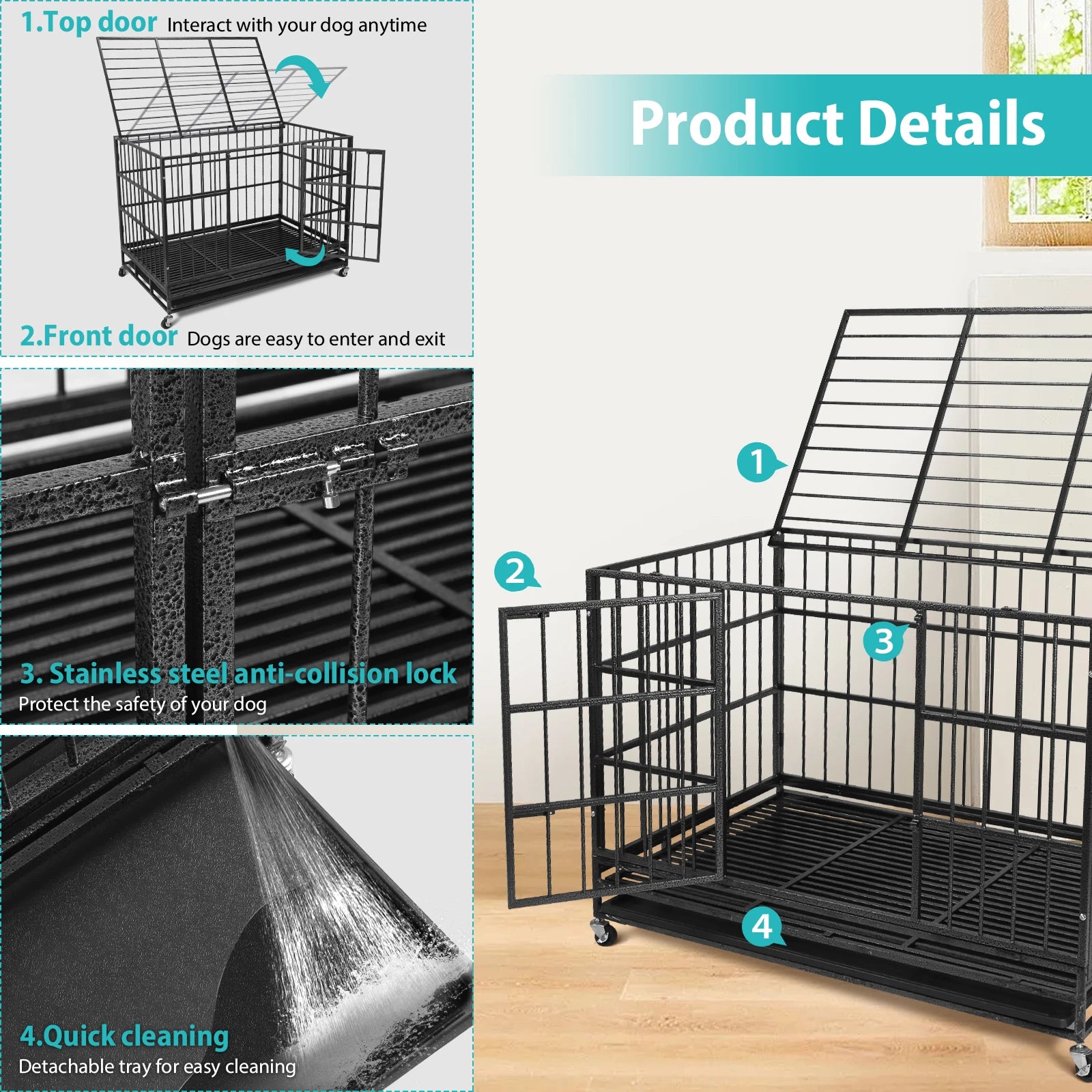 48inch Heavy Duty Dog Crate Double Door with Wheels Metal Pet Cage Reinforced Baseplate Escape Proof with 2 Removable Tray