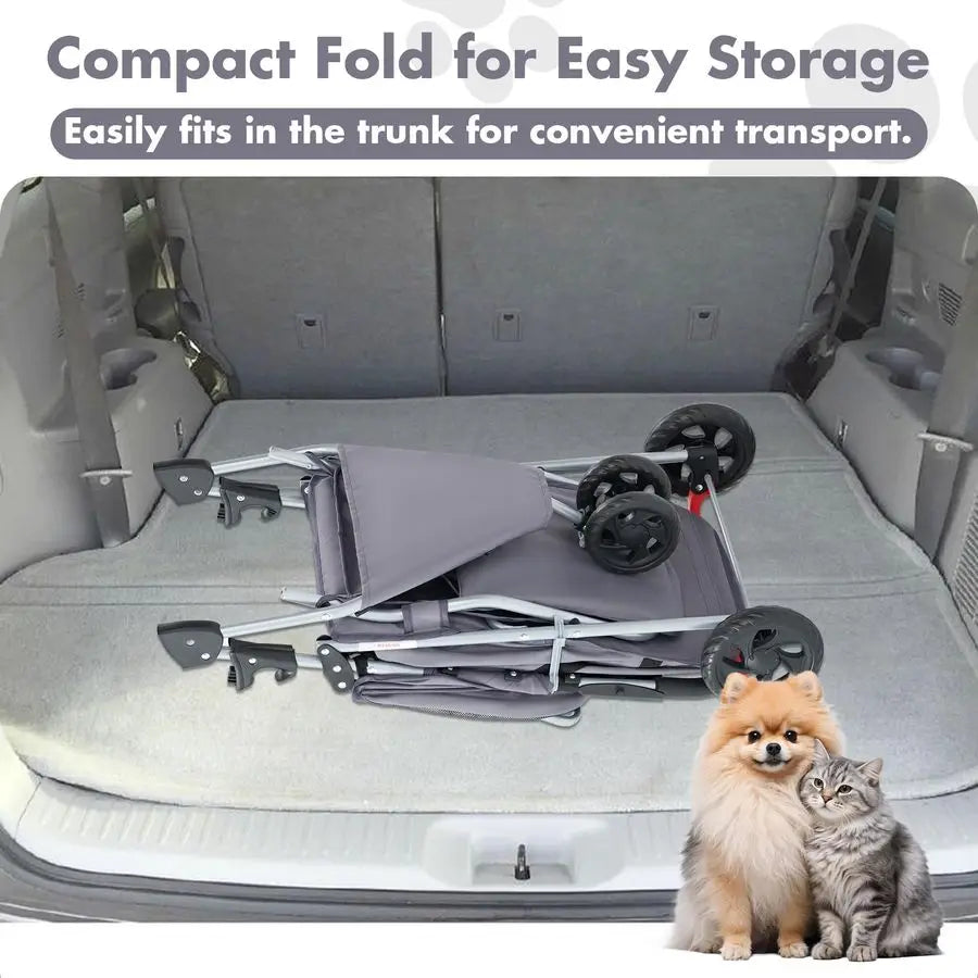 3 Wheels Pet Stroller for Small Dogs and Cats Foldable Dog Stroller with Mesh Windows, Storage Basket Cup Holder, Lightweight Du