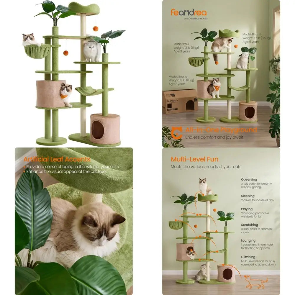 Multi-Level Plush Cat Tower with Artificial Leaves, 68.1-Inch Tall, 3 Scratching Posts, 2 Pompoms for Climbing and Resting