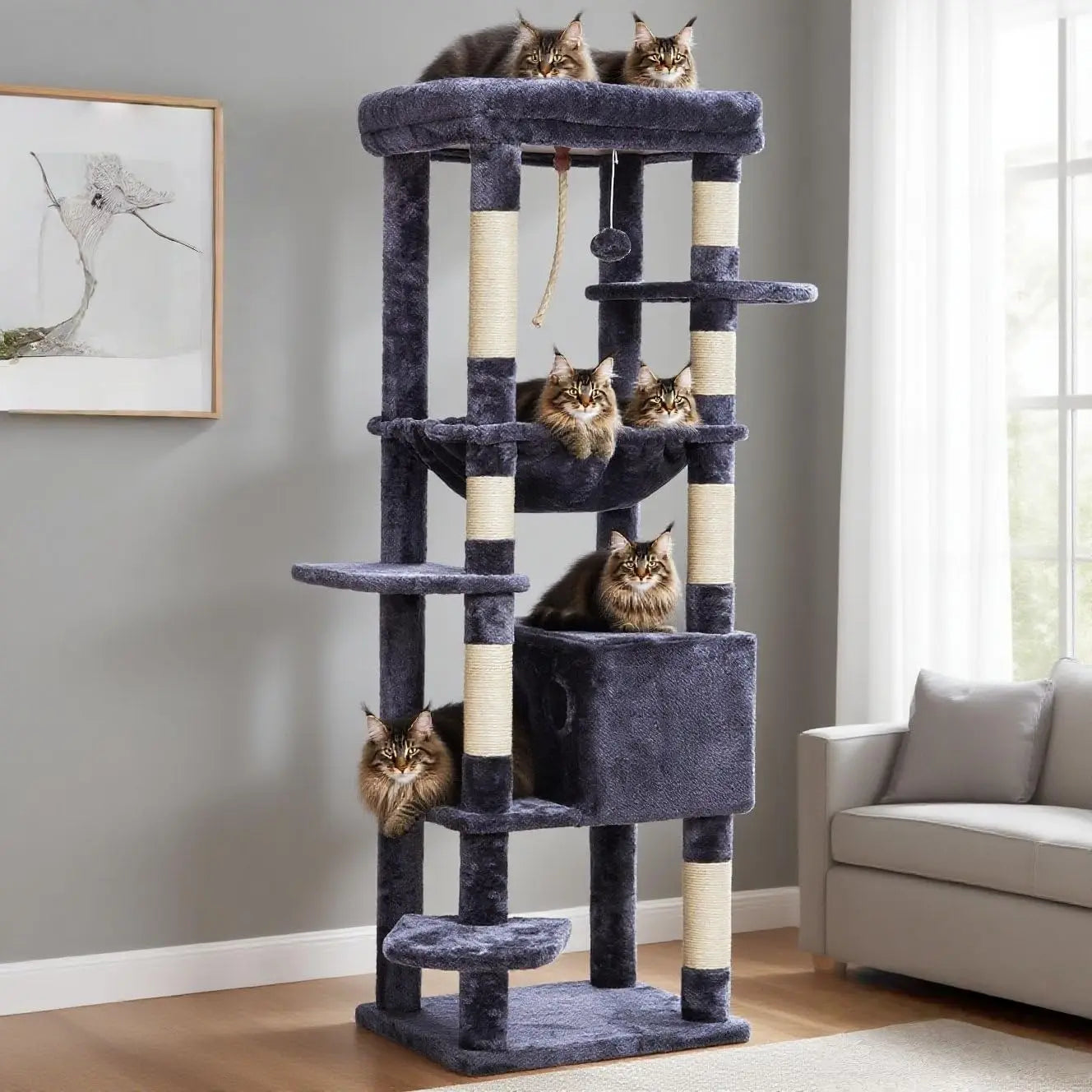 Large Cat Tree for Indoor Cats, 60-Inch Multi-Level Tower with Plush Perch and Basket, Heavy Duty for Up to 20lbs