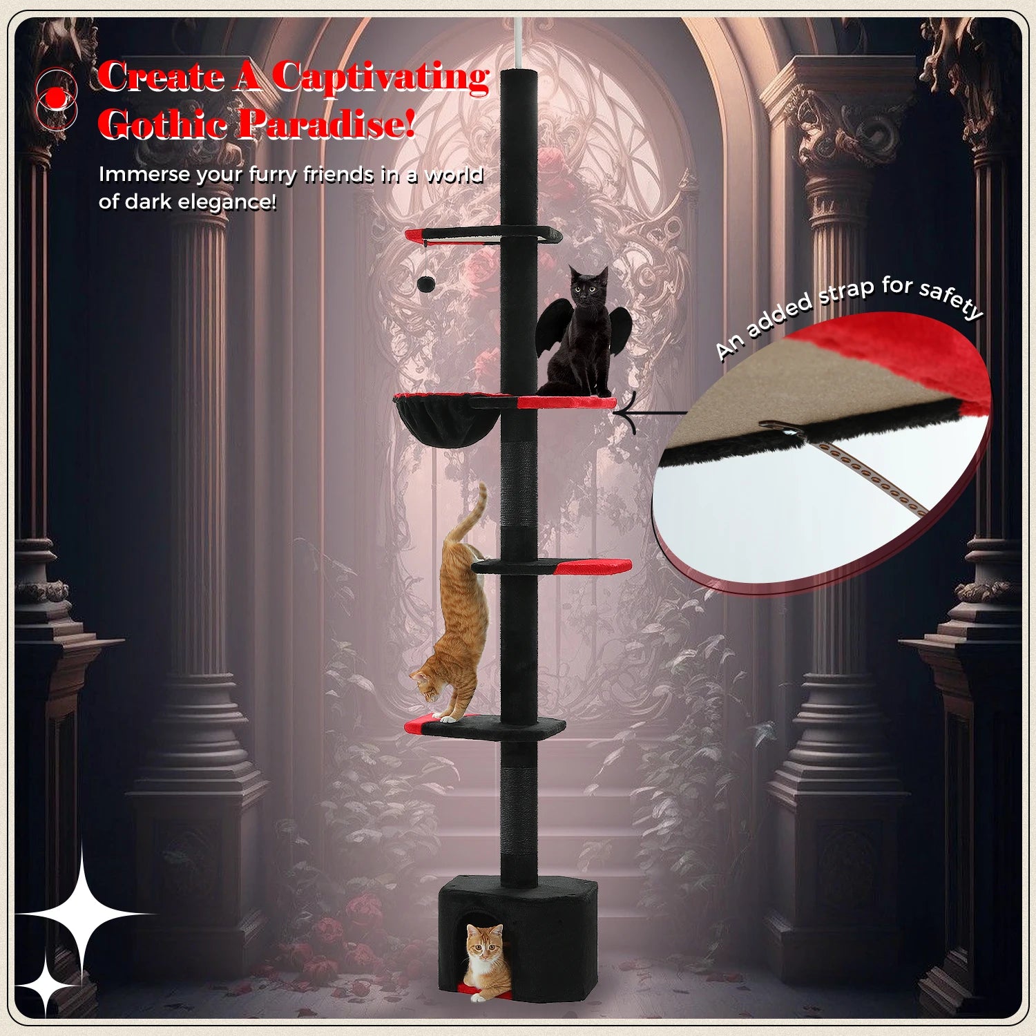 Gothic Cat Tree, Floor to Ceiling Cat Tower with Adjustable Height 5 Tiers Black Cat Condo with Cozy Hammock  Scratching Posts