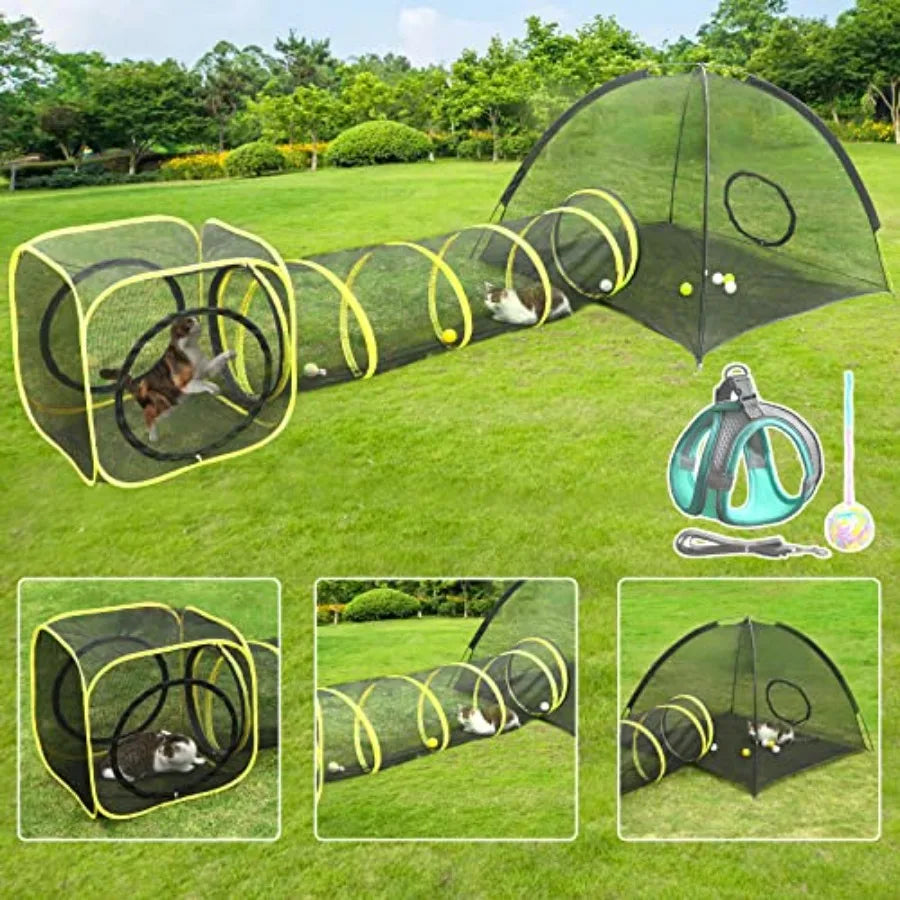 Outdoor Cat Enclosures for Indoor Portable Mesh Tent Outdoor pet Tunnel Cat Playhouse with Adjustable Cat Harness and Leash for