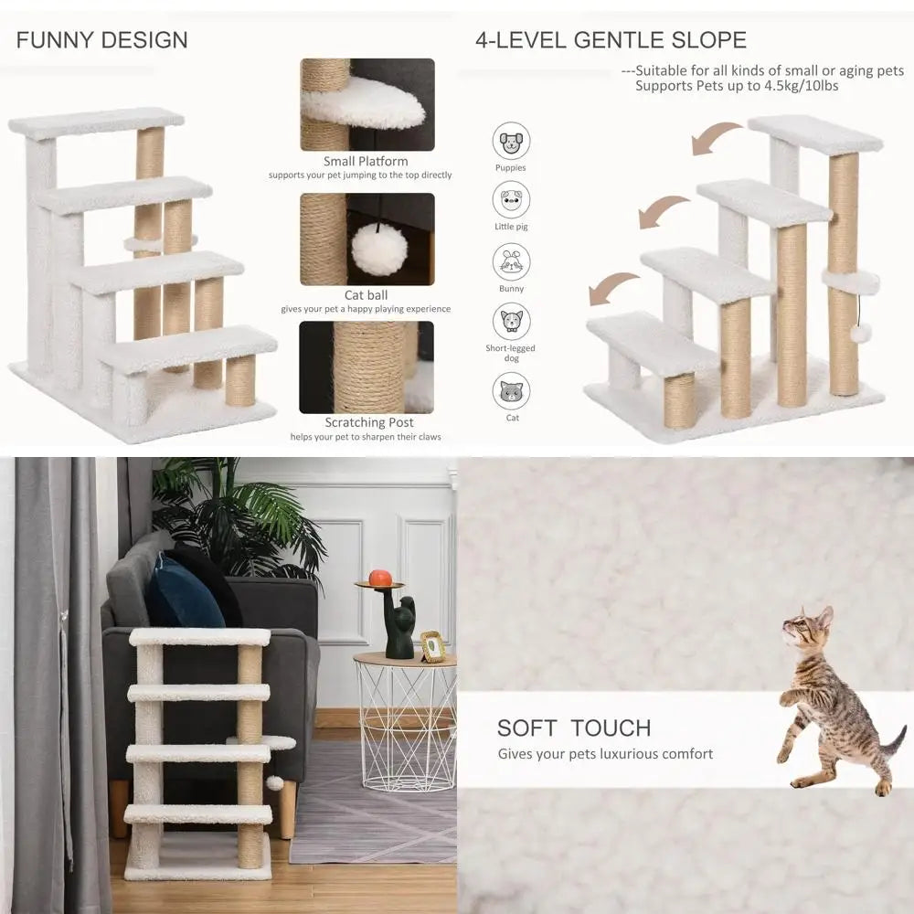 Carpet-Covered 4-Step Cat Ladder with Scratching Posts, Play Ball, and Side Steps for High Furniture, White