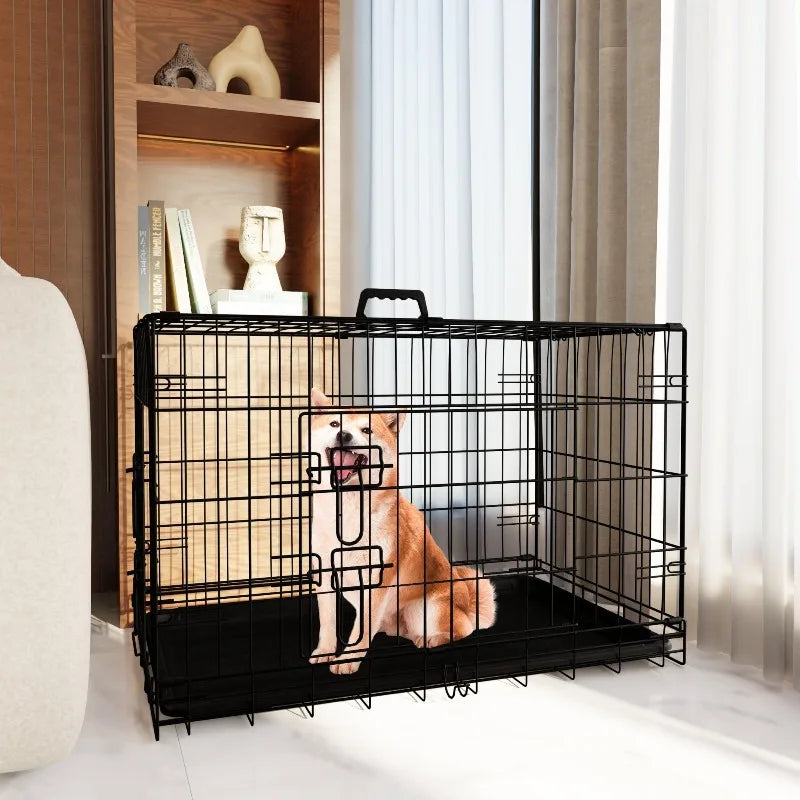 Dog Crate 36 Inch Medium Dog Cage with Divider Leak-Proof Tray Double Door Folding Metal Wire Cage Indoor Outdoor Travel