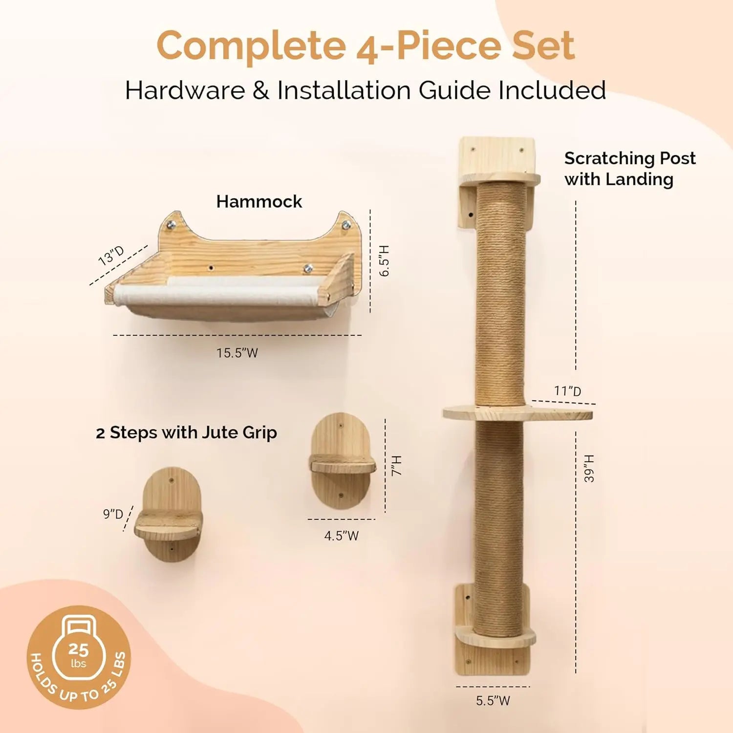 4-in-1 Window & Wall Mount Cat Wall Shelves – Hammock, Scratching Post & Perch | Fits up to 25 lbs | Space-Saving Pet