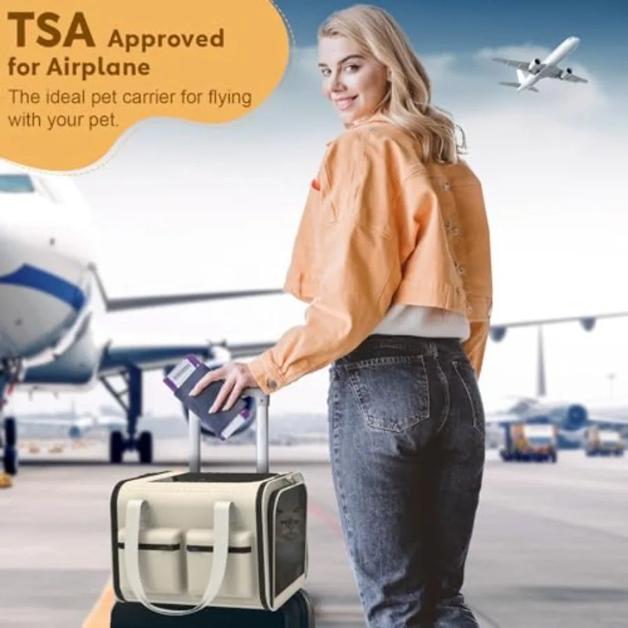 Soft Airline Approved Cat Carrier for Small Dogs Cats Up to 15Lbs Breathable Travel Bag for Airplane Car Camping Vet Visits Lig