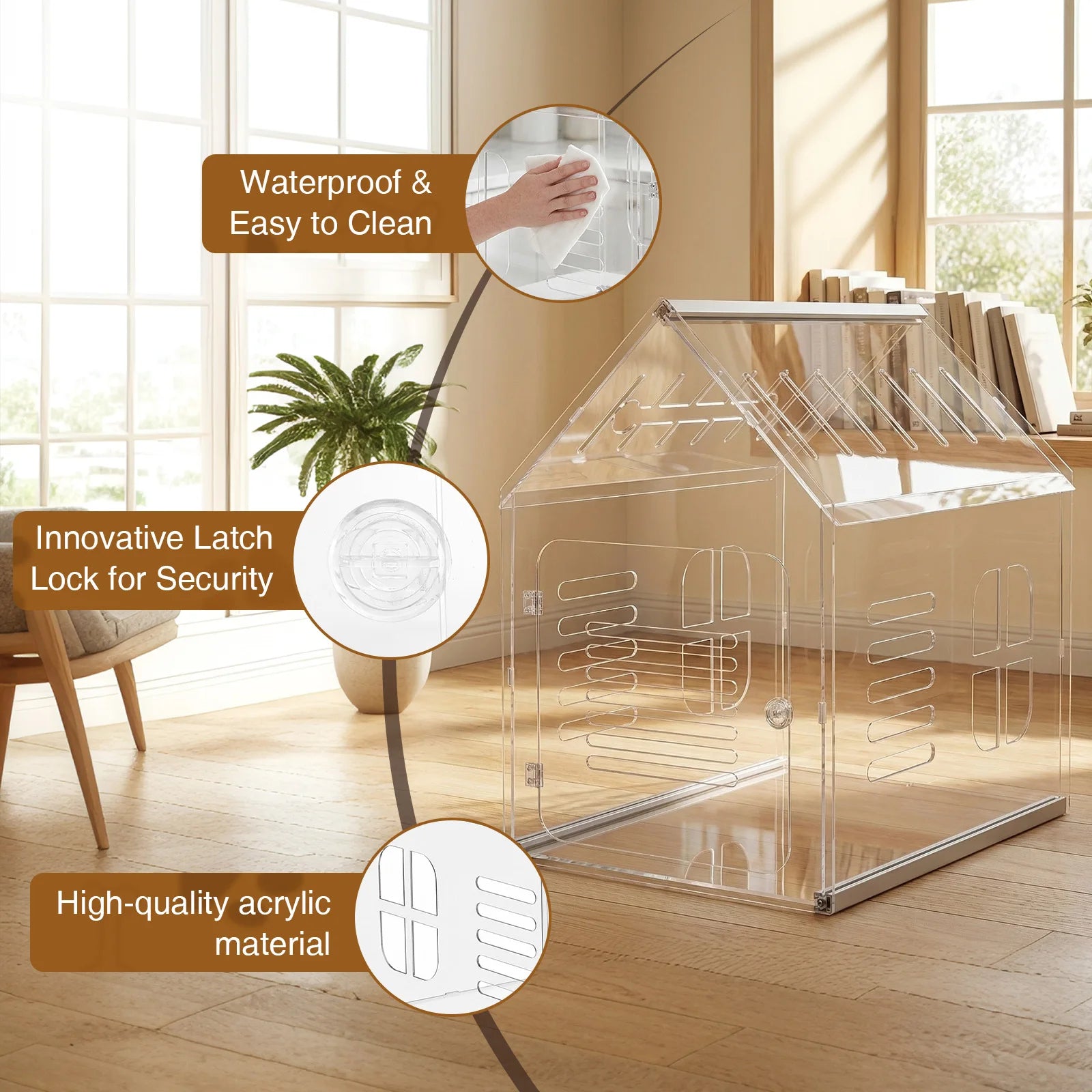 Transparent Acrylic Pet Crate Lockable Ventilated Modern Dog Kennel House Furniture for Small Medium Dogs 24.02x15.75x23.62inch
