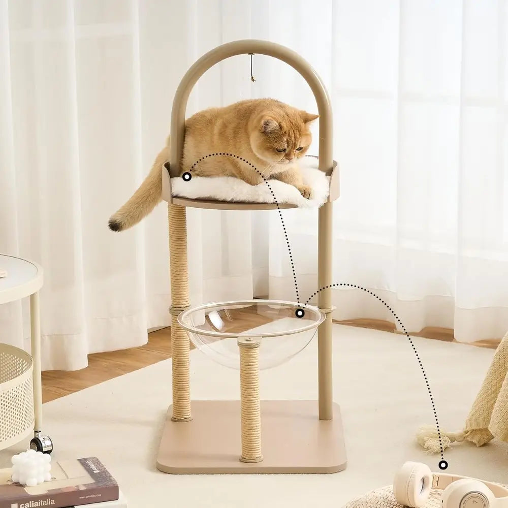 Stylish Wooden Cat Tower with Steel Frame, Scratching Posts, Capsule, Plush Mat, Bell Toy, Minimalist Heavy-Duty Climbing Tree f