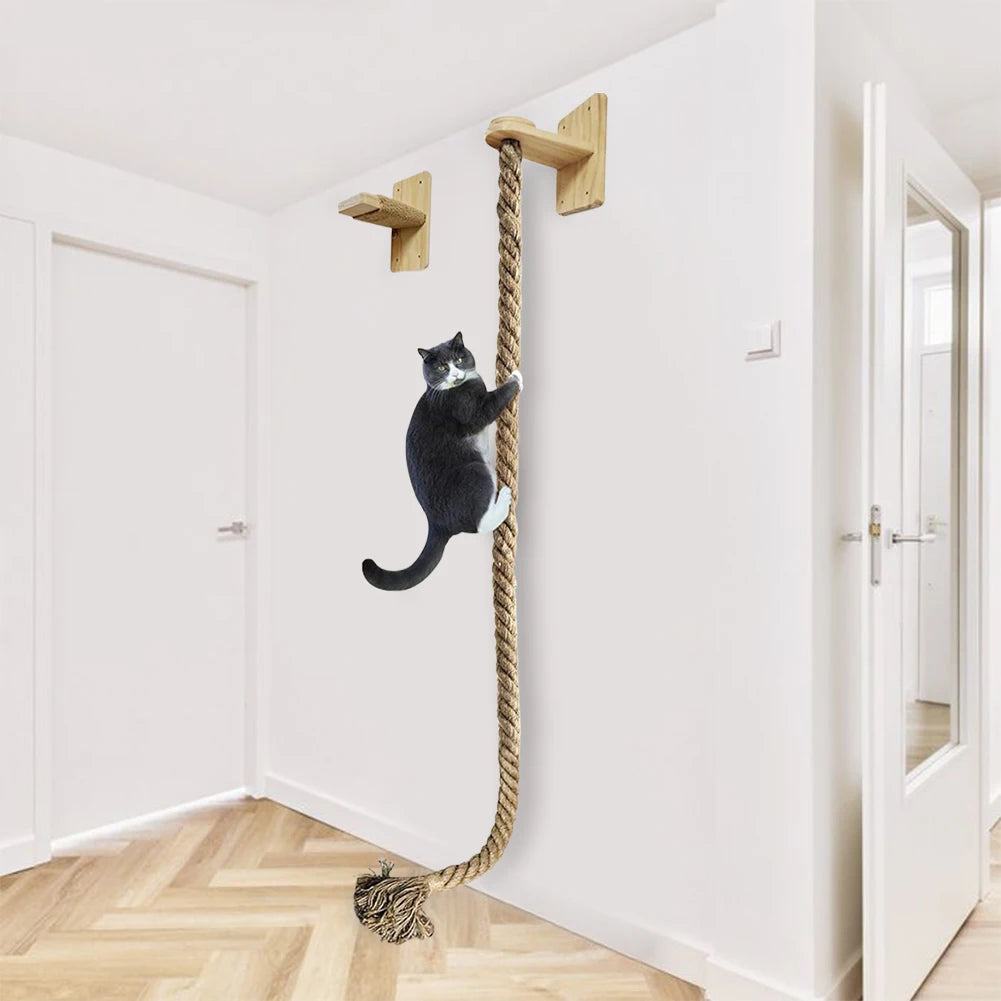 Cat Climbing Rope with Wood Platform Wall Mounted Rope Wear Resist Claw Grinding Tool for Cat Furniture Scratcher Play Equipment