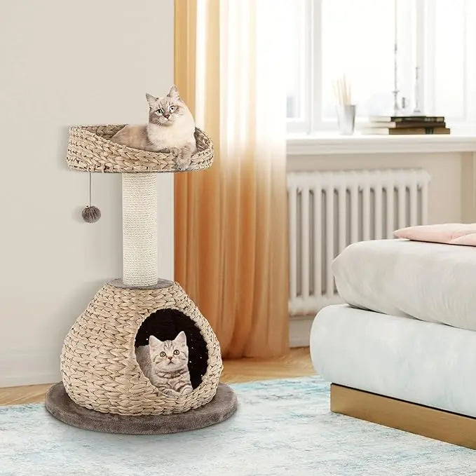 Small Rattan Cat Tower with Sisal Post & Toy Ball Indoor Pet Interactive Furniture with Top Perch