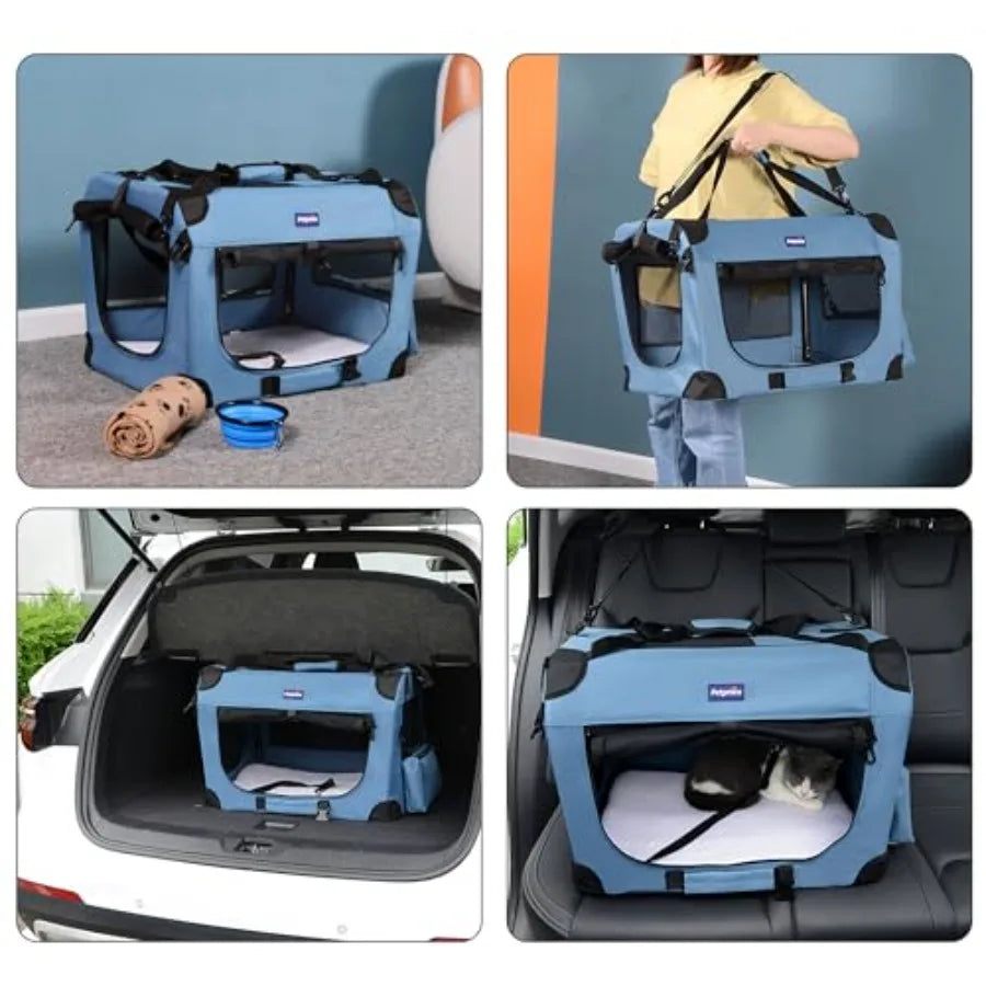 Portable Collapsible Dog Crate Travel Dog Crate 24x17x17 with Soft Warm Blanket and Foldable Bowl for Large Cats and Small Dogs