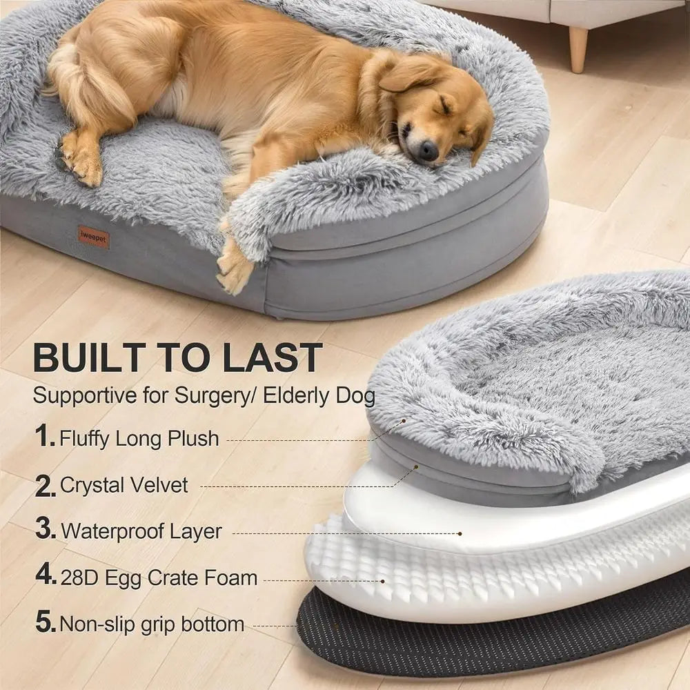 Thickened Orthopedic Dog Bed for Large Dogs - Supportive Sofa with Egg-Crate Foam, Removable Cover, Waterproof Liner, Half-Round