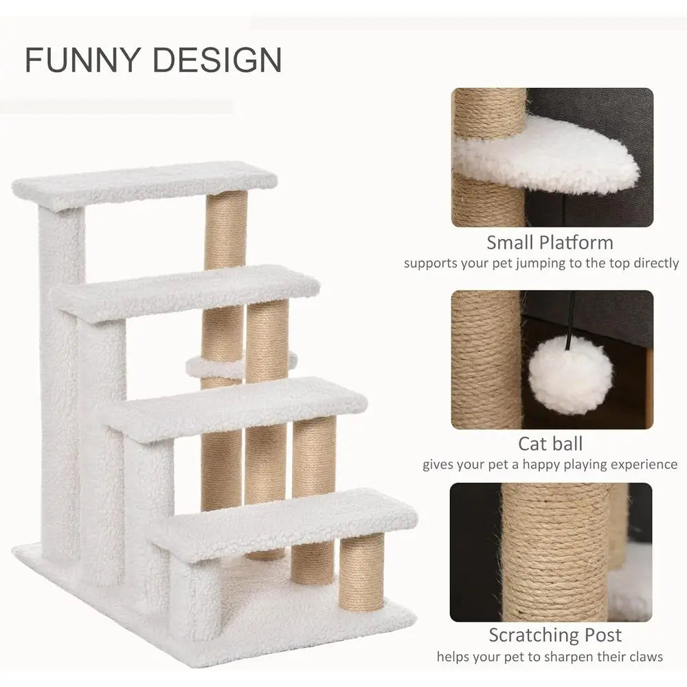 Carpet-Covered 4-Step Cat Ladder with Scratching Posts, Play Ball, and Side Steps for High Furniture, White
