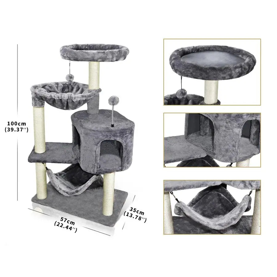 Cat Tree with Cat Condo and Big Hammock, Grey