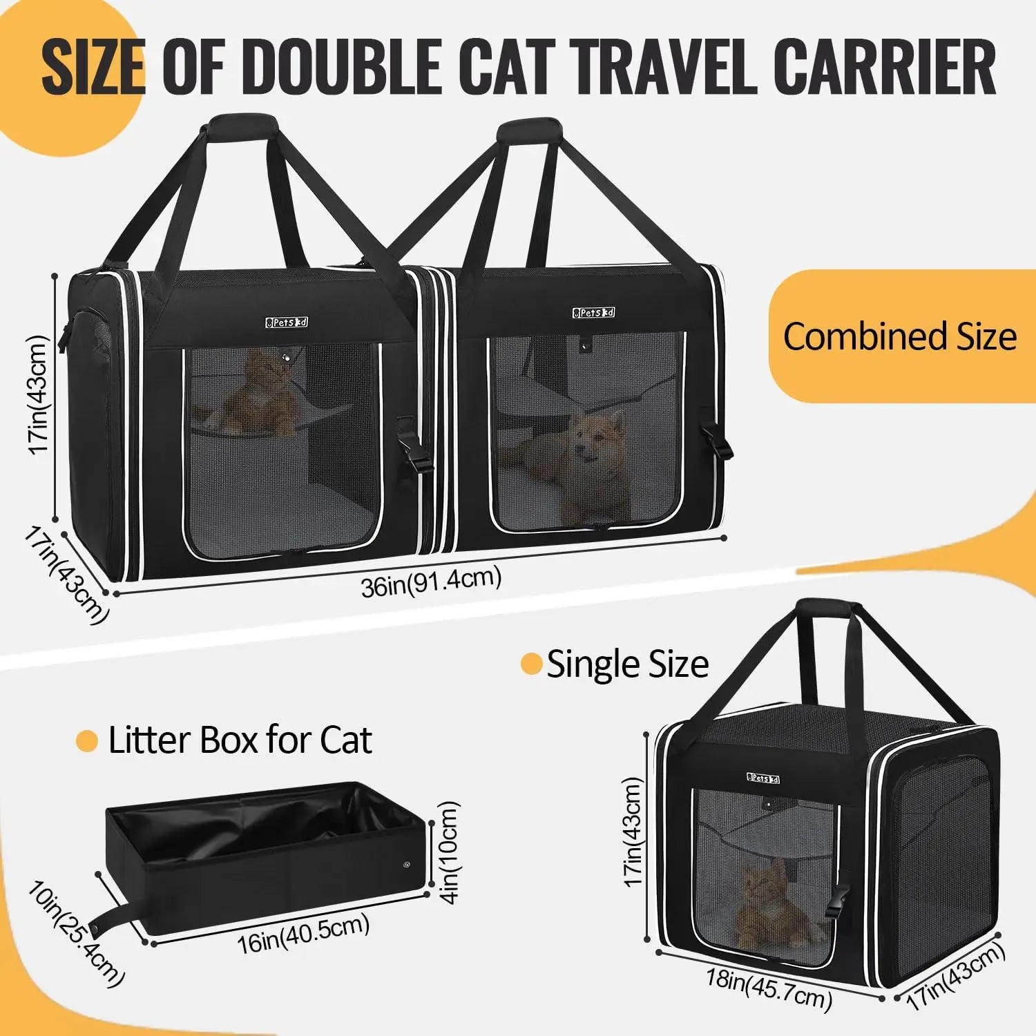 Portable Double Cat Carrier with Litter Box for Multiple Cats, 2-in-1 Travel Carrier, Large Size with Safety Lock
