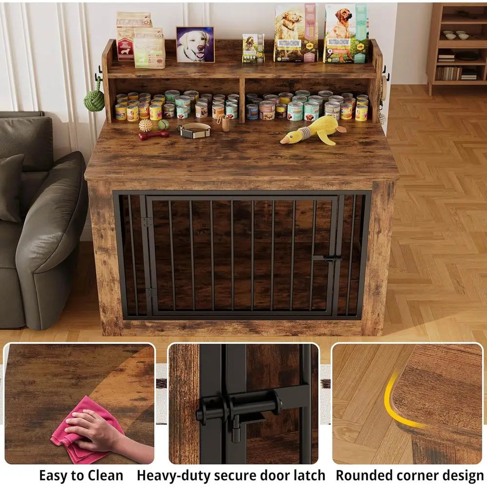 Large Wooden Dog Crate with Storage and Hooks, Heavy Duty for Large Dogs, Decorative Indoor Cage (30L x 43.3W x 41.1H)