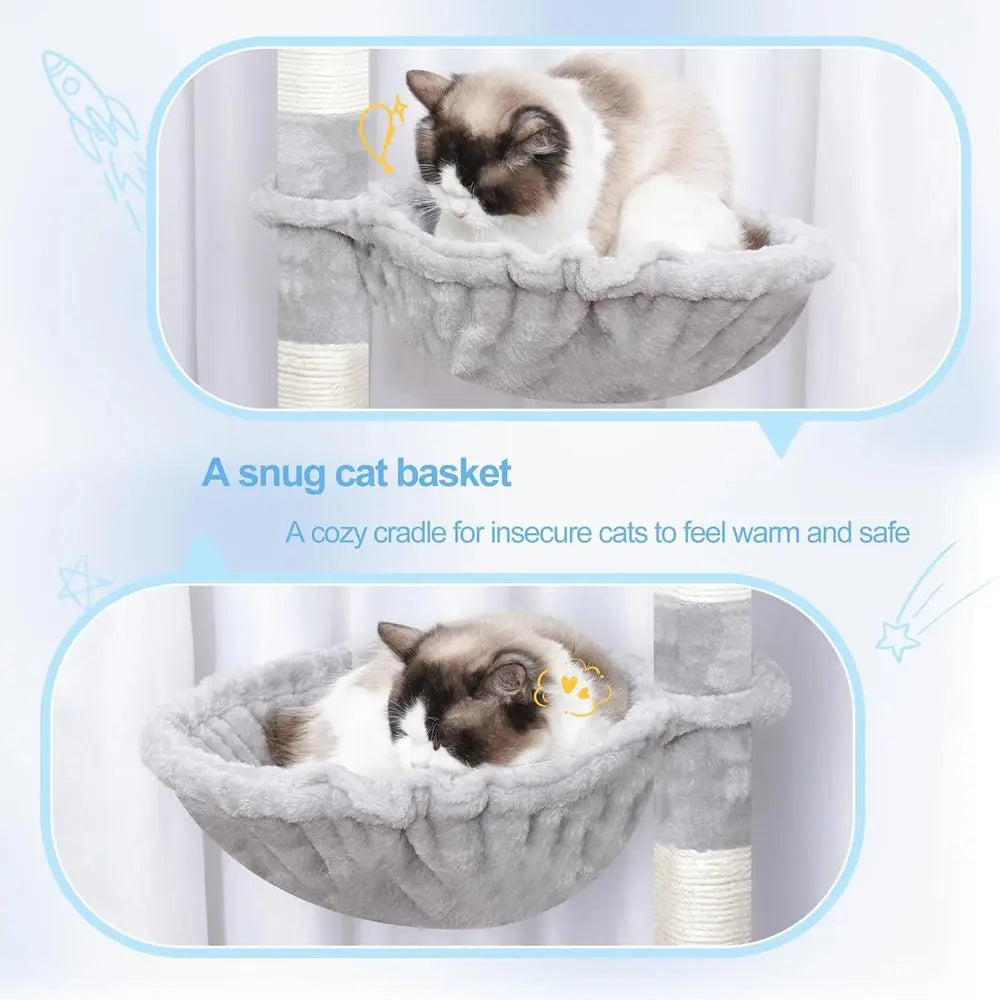 Indoor Cat Tree Tower with Extended Scratching Post, Wide Platforms, Cozy Condos, Hammocks, Sisal Columns, and Ball, 70.1, Light
