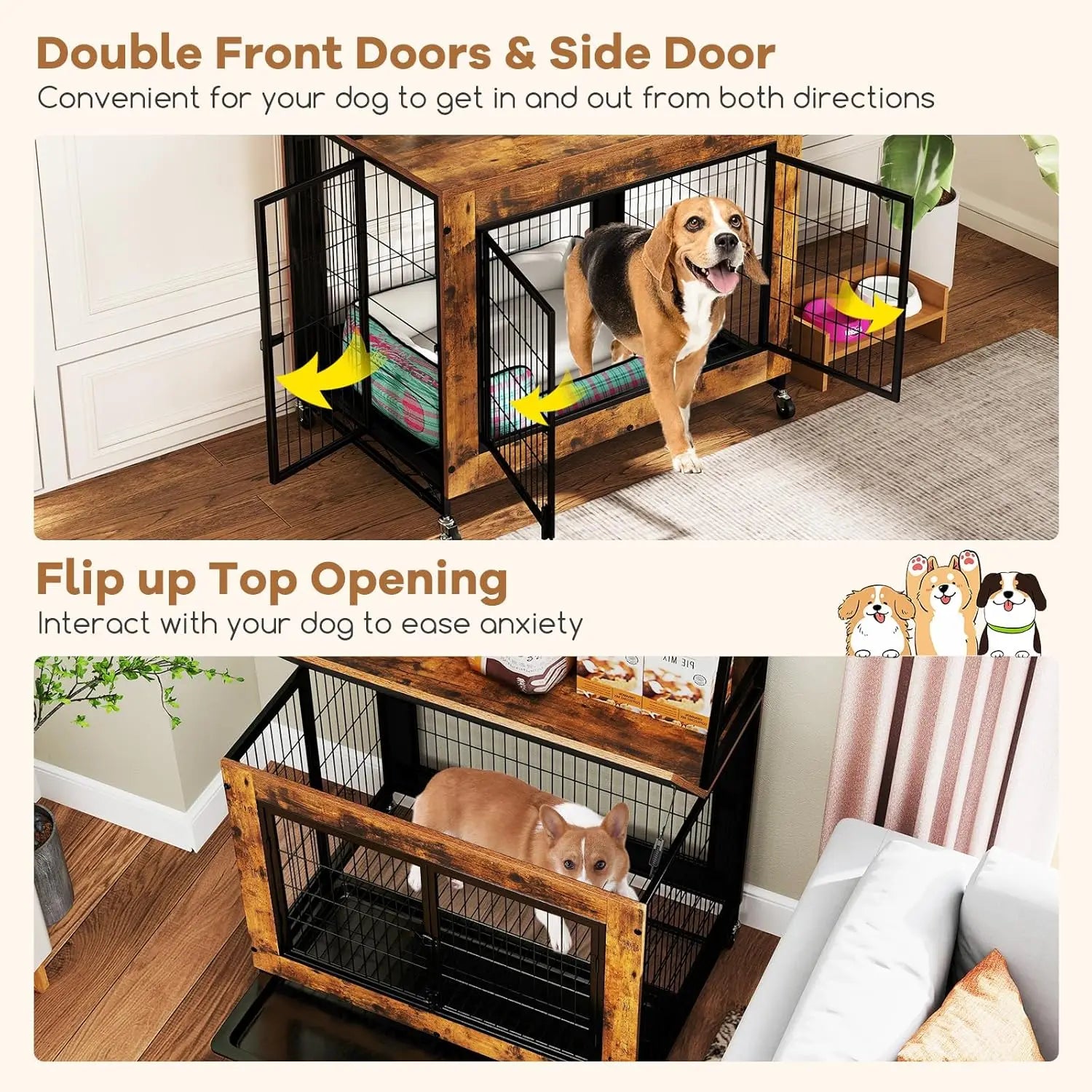 38" Wooden Dog Crate Furniture with Storage Shelves, Flip Top, 3 Doors, Wheels & Tray for Large Dogs