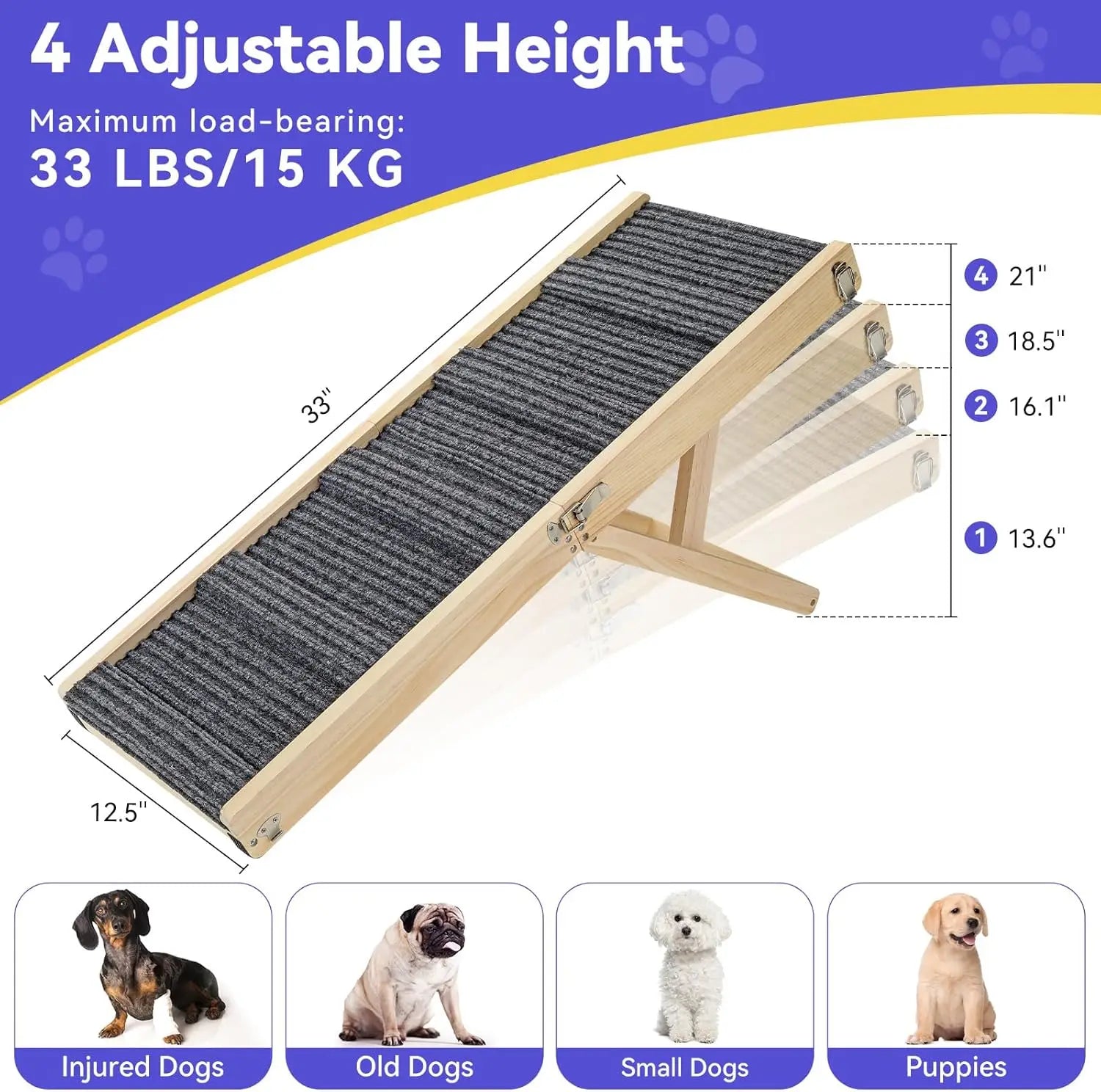 2026 Upgraded Foldable Dog Ramp for Couch, Adjustable Height 13'' to 21", Portable Pet Steps with Non-Slip Pad
