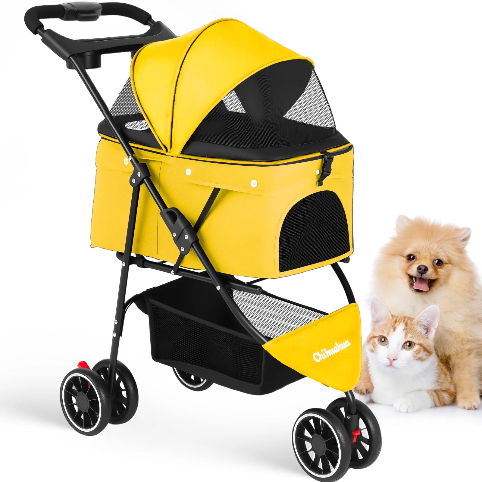 Pet Stroller for Small & Medium Dogs Cats Foldable Stroller with Breathable Mesh Storage Basket  Cup Holders  Travel Pet Carrier