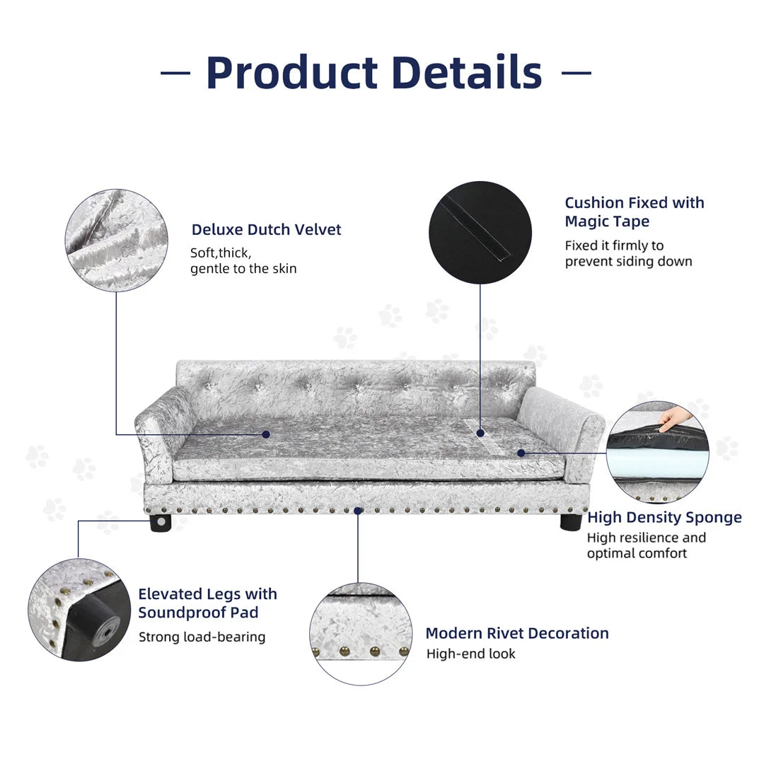 Deluxe Dog Couch Bed Silver Dutch Velvet Upholstered Sofa Bed with Removable Cushion for Medium to Large Dogs
