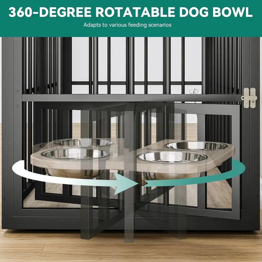 88.6" Double Dog Crate urniture, Wooden Dog Kennel with Bowls & 3 Do, Large Double Crate urniture TV Stand, Grey