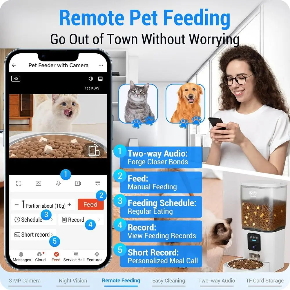 Smart Pet Feeder with 2K Camera, 5G Dog Feeder & Night Vision, 7L Cat Food Dispenser for Multiple Pets, Detachable & Easy Clean
