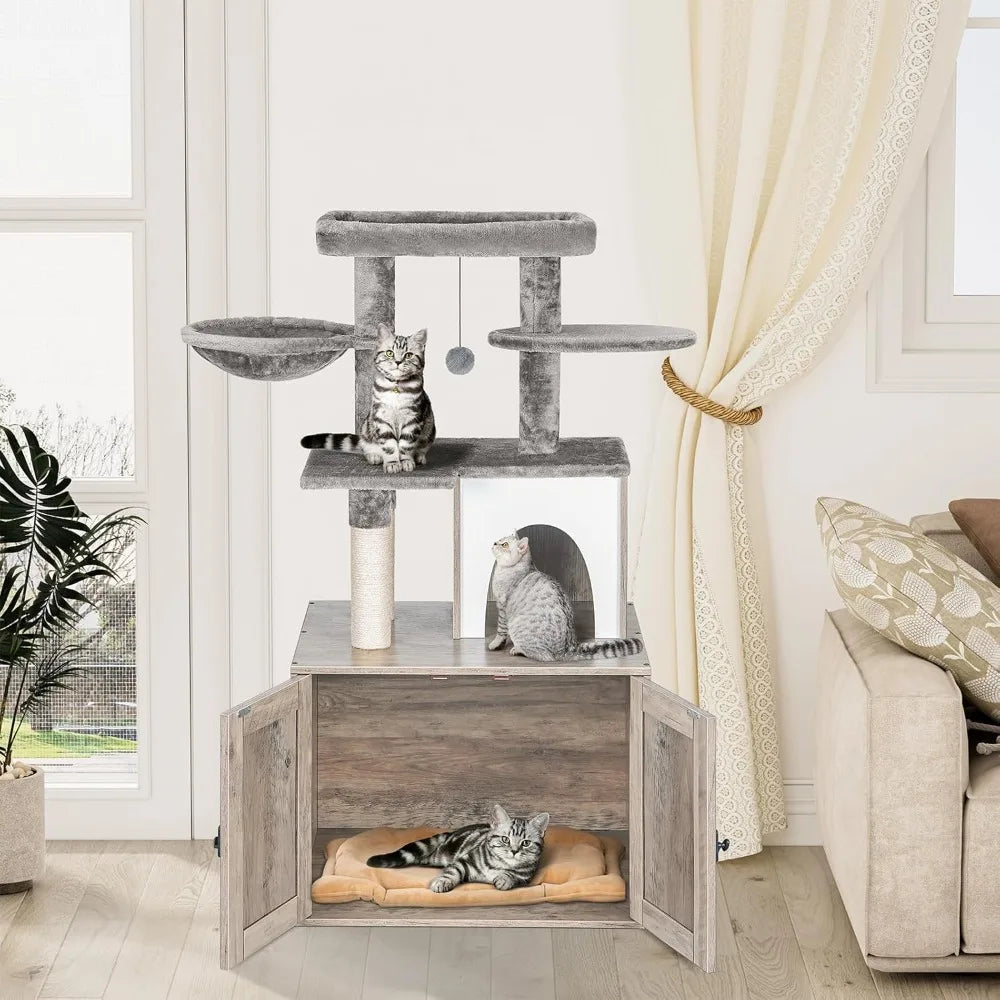 Snughome Cat Litter Box Enclosure with Tree Tower and Condo, Hidden Washroom Furniture with Sisal Scratching Post and Soft Plush