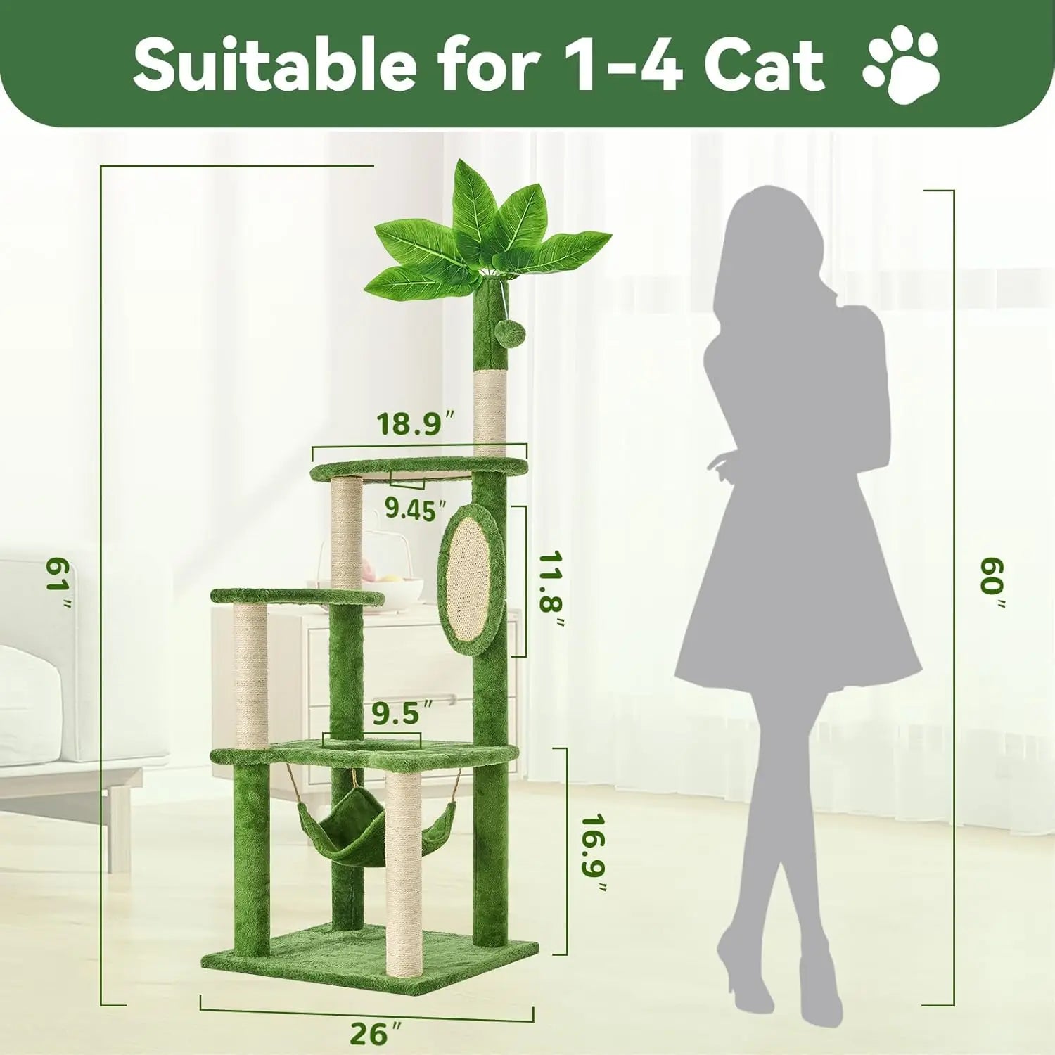 61' Cat Tree for with Green Leaves, Multi-Level Large Cat Tower with Hammock, Plush Cat House with Hang Ball Toy and Sisal