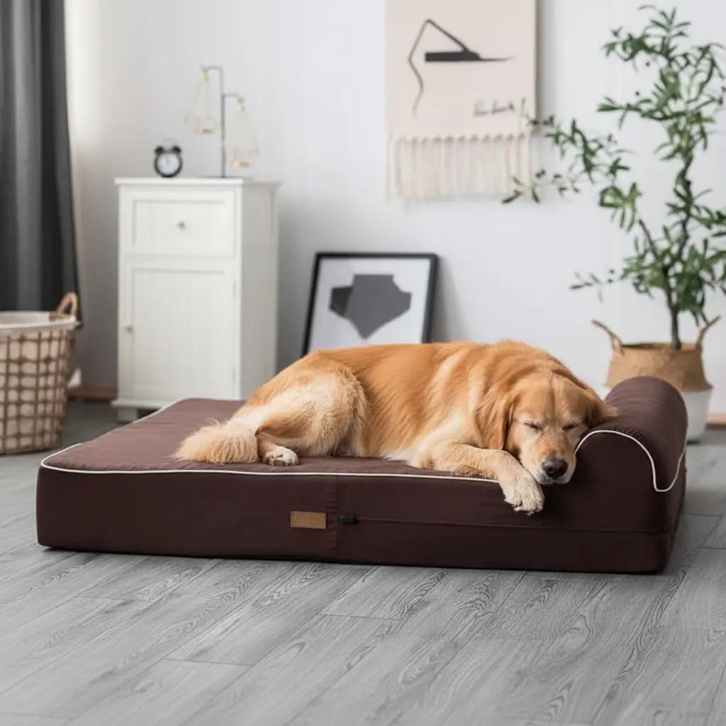 Extra Large Orthopedic Memory Foam Dog Bed with Pillow, Waterproof Liner & Removable Cover, 50"x34"x10", Brown