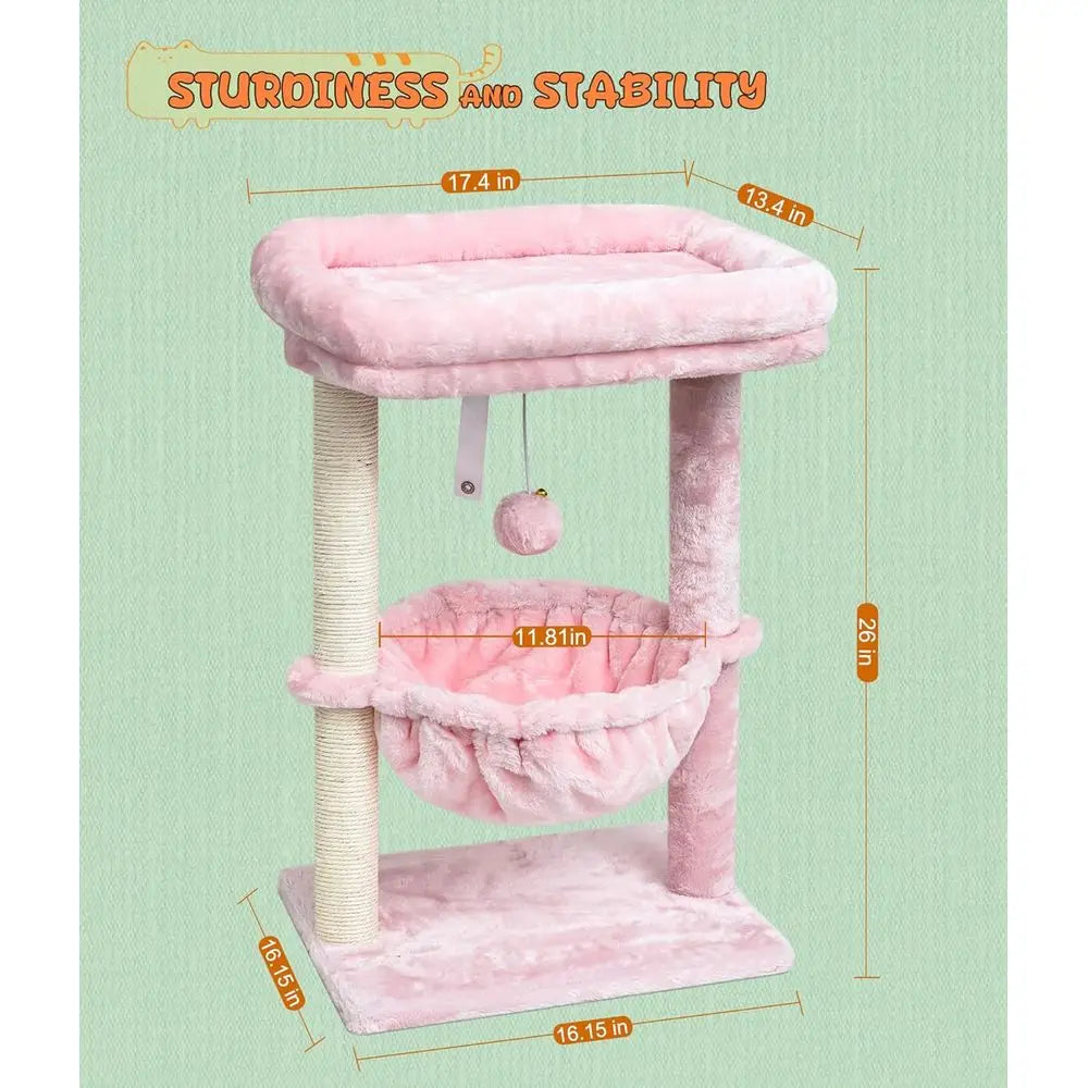 Small Cat Tree, Indoor Activity Tower with Scratching Post, Kittens' Furniture, Basket & Hanging Ball, Play Rest, Pink