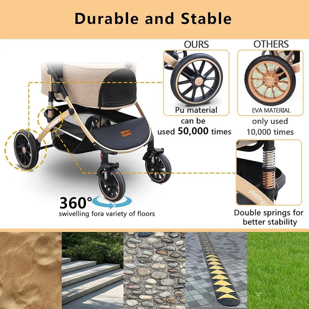 Dog Stroller with 4 Wheels, Folding for Small/Medium/Large Dogs & Cats to 60 lbs, Pet Stroller with Removable Carrier, Storage B