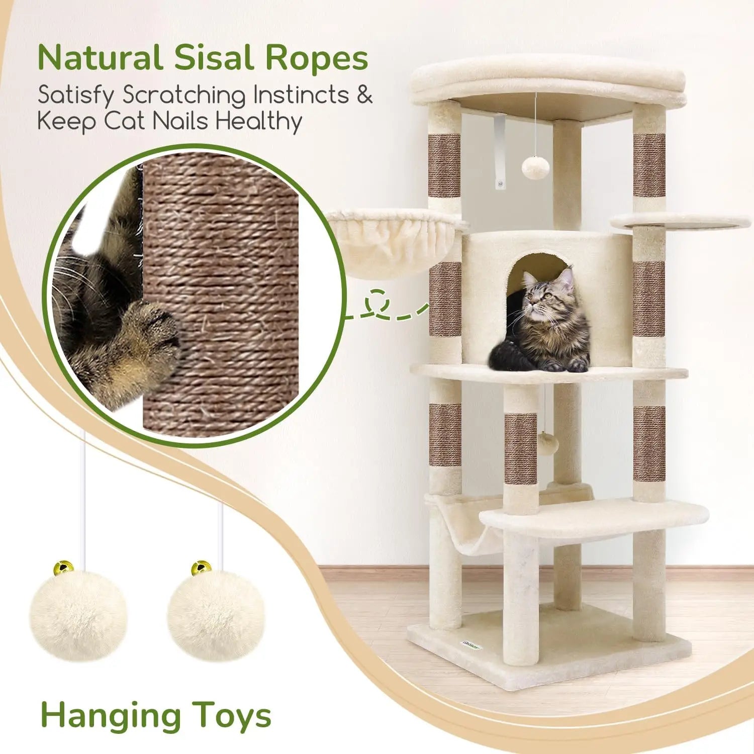 51in Corner Cat Tree with Hammock, 7 Sisal Scratching Posts, Large Platform for Indoor Cats, Beige Modern Cat Tower