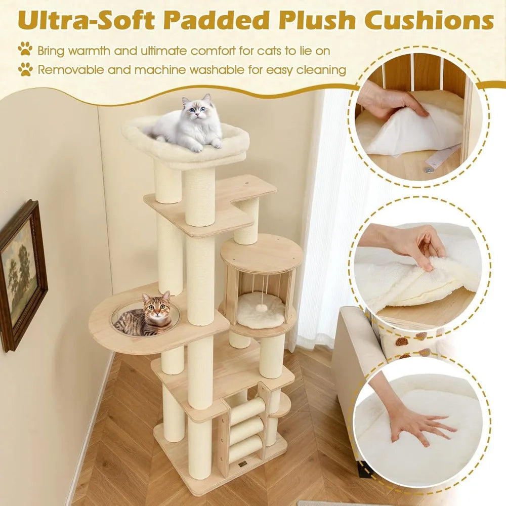 71” Tall Cat Tree, Multi-Layer Wood Cat Tower with Scratching Posts, Perch, Condo, Space Capsule, Ladder, Dangling Ball