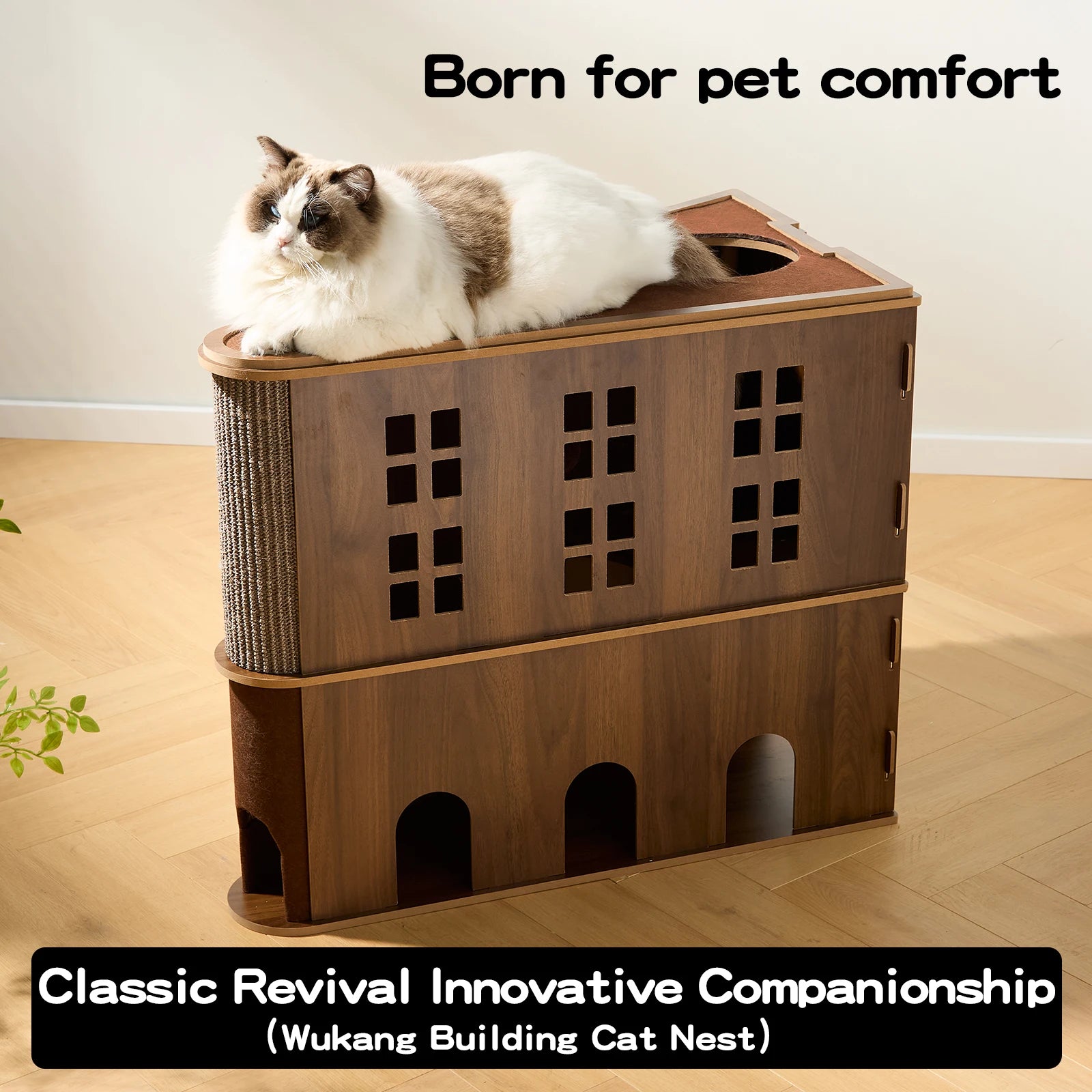 Wholesale Natural Wooden Cat House & Scratcher Combo - Detachable Cat Bed with Jute Scratcher Board