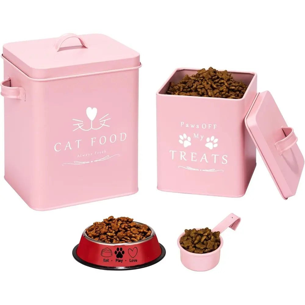 Cat Food Container and Treat Container with Tight Lids, Scoop and Pet Food Bowl, Metal Storage Bin for Small Pets, Matte Pink