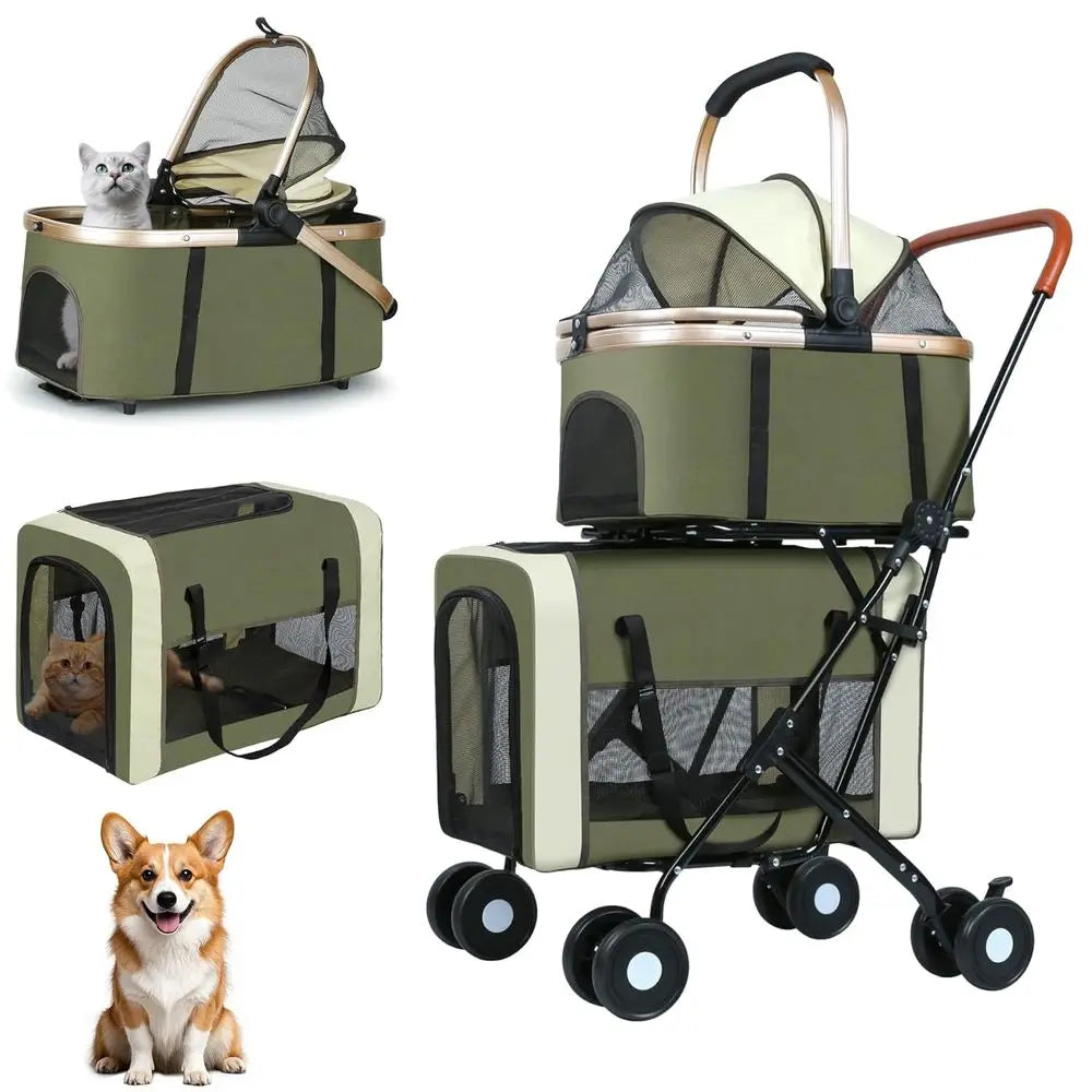 Double Pet Stroller or Dogs and Cats: Dog Stroller oldable Travel Carriage with Detachable Carriers, Saety Belts, and 4 Lockable
