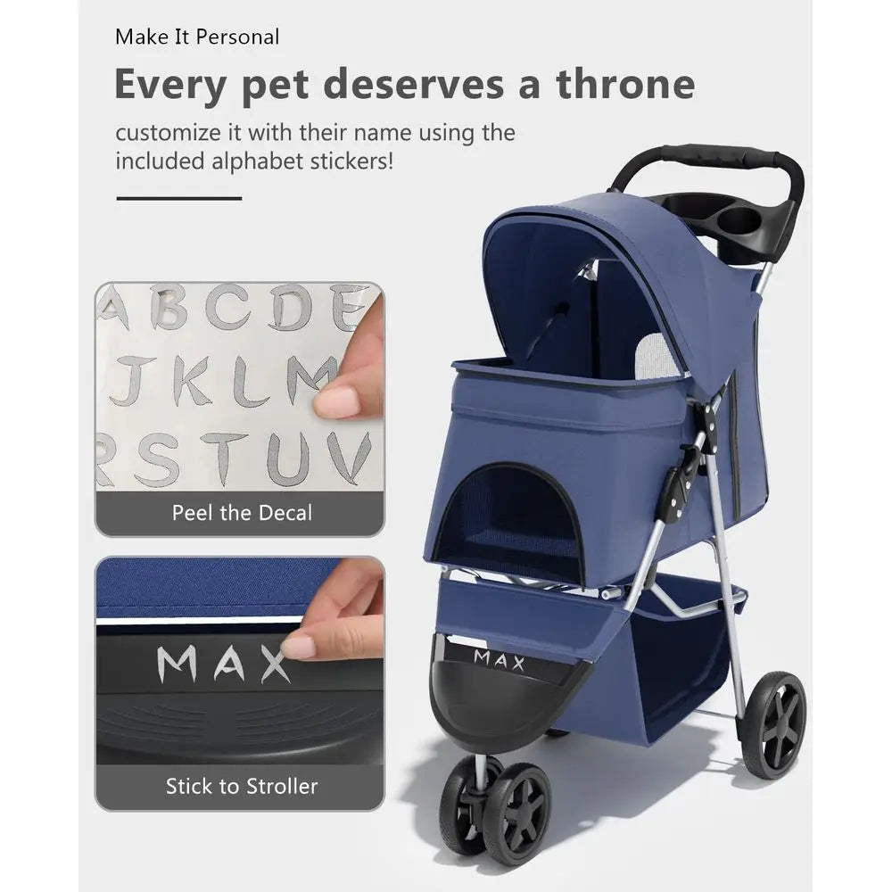 3-Wheel Pet Stroller for Small/Medium Dogs & Cats, Portable Travel Carrier, Rear Brakes, Storage Basket, Mesh Cover, Navy Blue