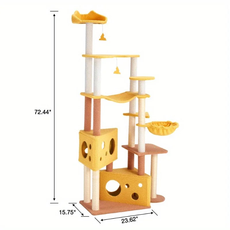 EROMMY 72'' Cheese Cat Tree Tower for Small & Medium Cats – Indoor Cat House with Perch, Hammock & Scratching Post, Yellow