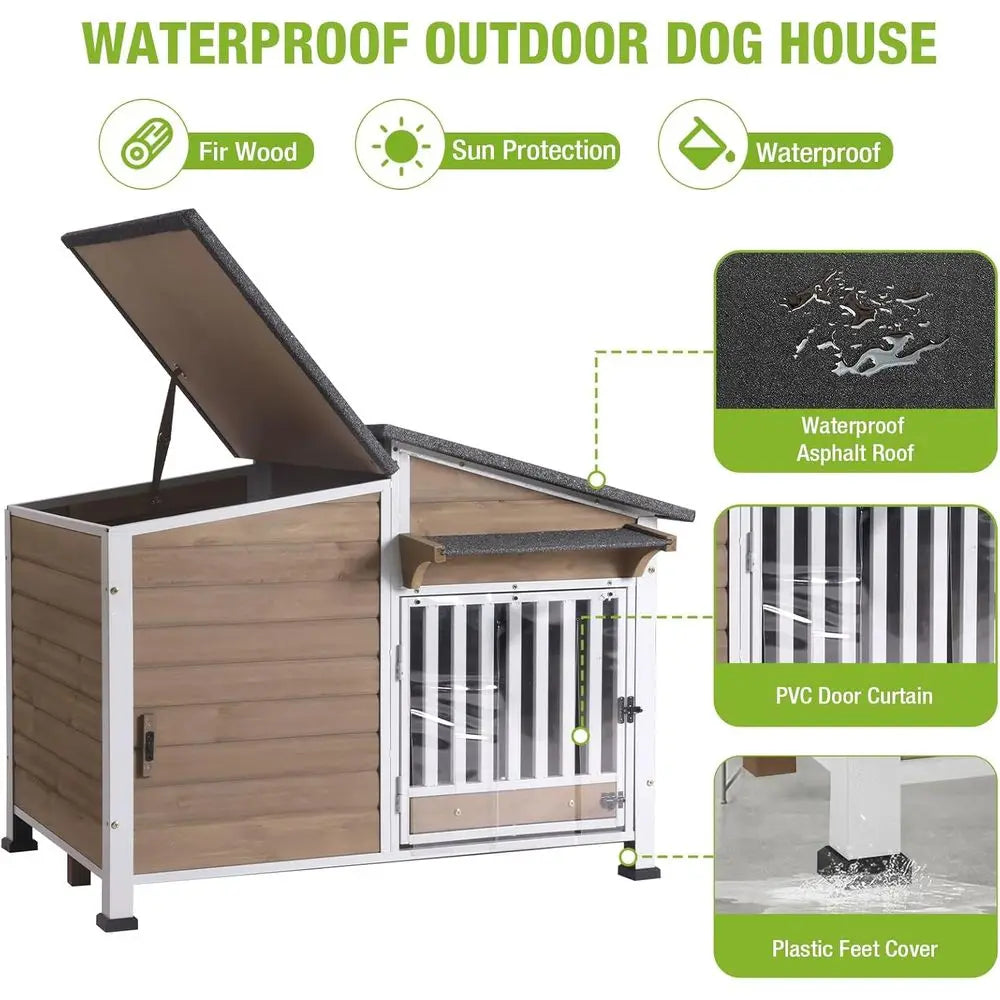 Dog House Outdoor or Large Breed with Anti-Chewing Iron e, Weatherproo Puppy Kennel with 360° Rotating Bowls, Dog Crate or Small