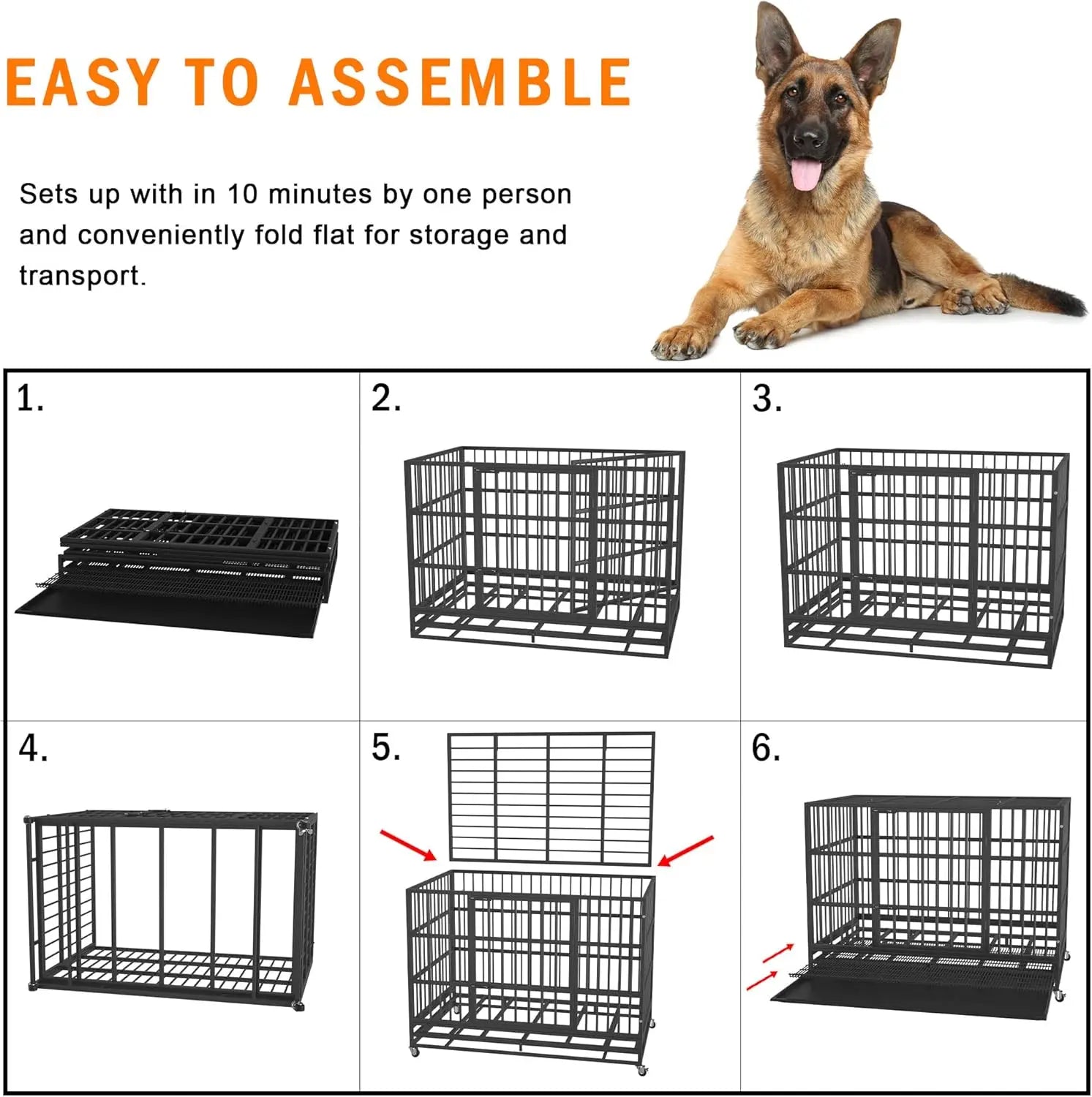 48/42/38 Inch Heavy Duty Escape-Proof Dog Crate Cage Kennel for Large Dogs with Removable Trays and Wheels