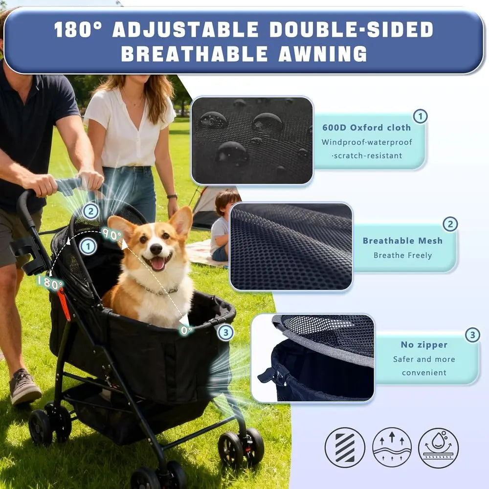 4-in-1 Pet Stroller for Small to Medium Dogs and Cats, Detachable Carrier, Up to 55 lbs, Easy Folding, Breathable Mesh, Gray