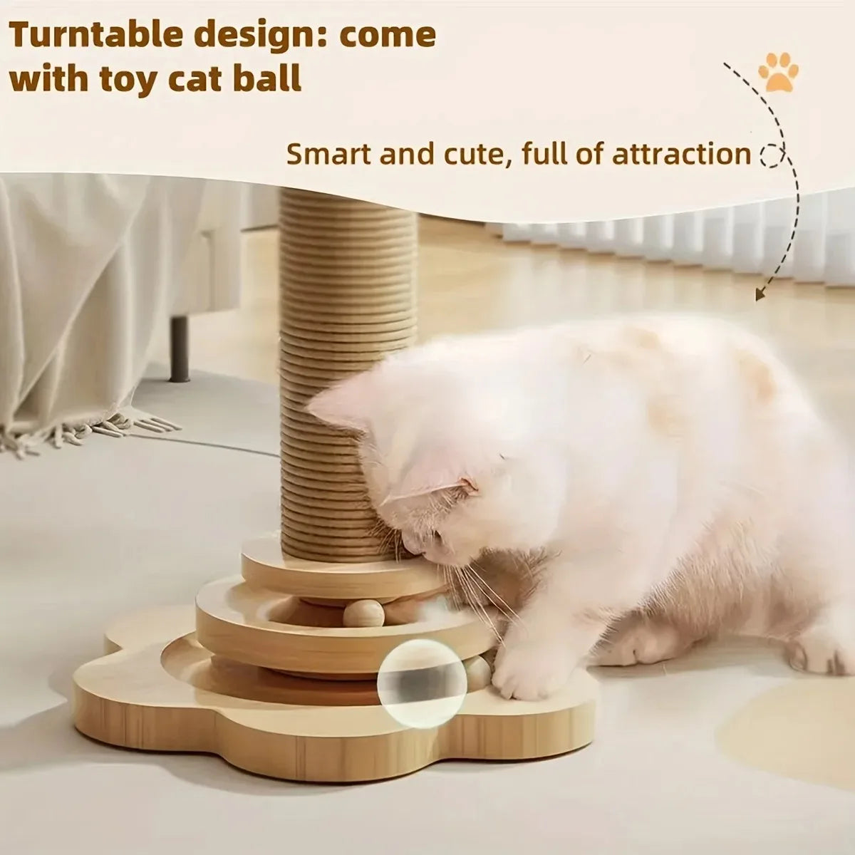 Wall-Mounted Cat Scratcher 4-in-1 – Sisal Post, Teaser Wand, Ball & Turntable for Active Cats