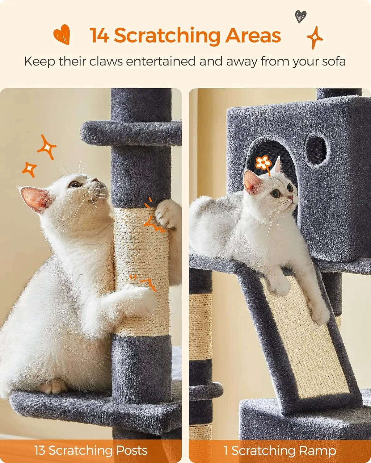 81-Inch Multi-Level Cat Tower with 13 Scratching Posts, 2 Perches, Caves, Basket & Hammock for Indoor Cats