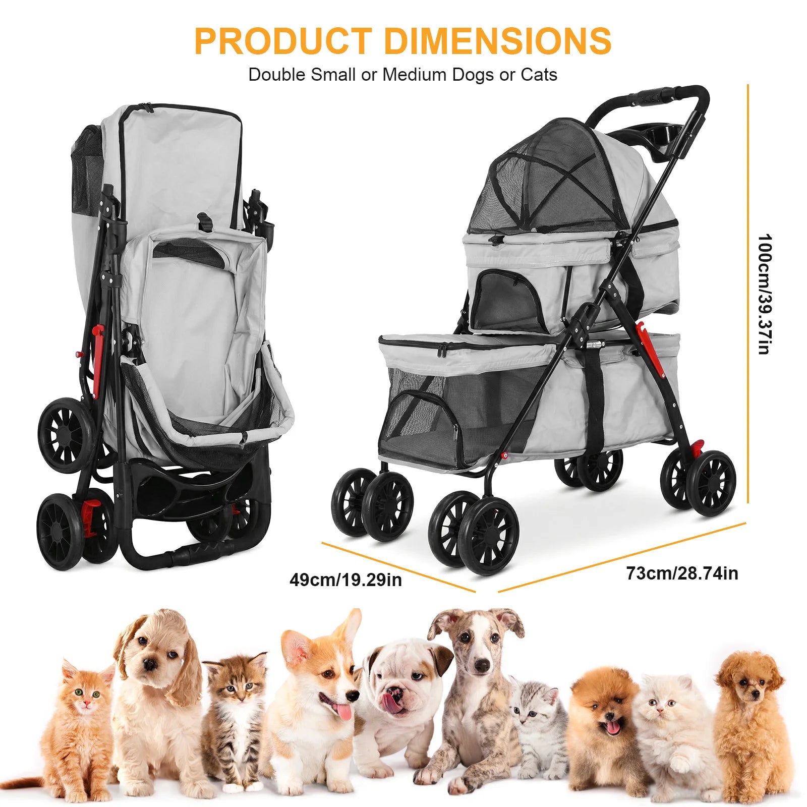 Cat Stroller for Dogs and Cats Foldable Cat Carrier with Safety Belts Cup Holder & Lockable Wheels Ideal for Multi-Pet Families