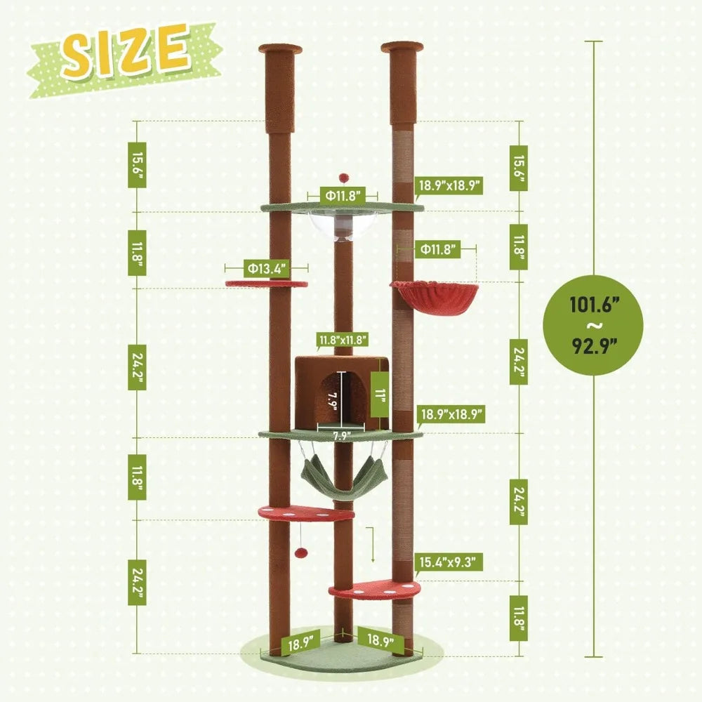 Floor to Ceiling Cat Tree 92.9’’-101.6’’ Height Adjustable Mushroom Cat Tower Tall Climbing Play House, Customized